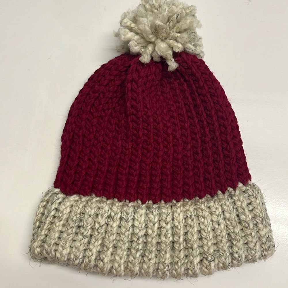 Homemade Wool & Acrylic Knitted Cranberry and Wheat Winter Hat Teen/Adult/Medium